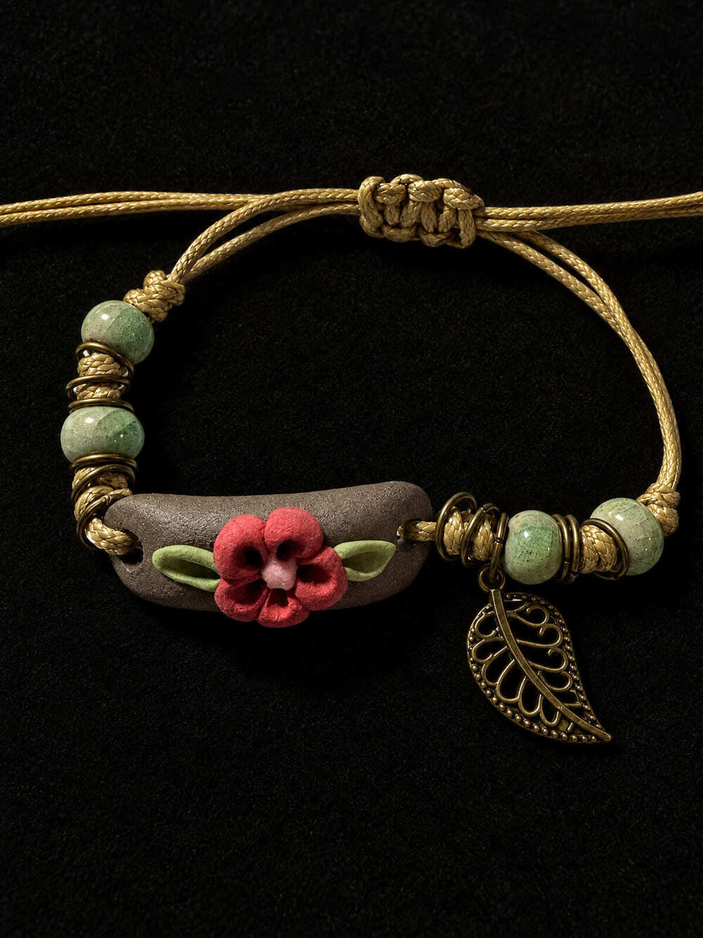⚜️ Artisan Ceramic Bracelet | Boho Floral | Brown Red Green Gold-Tone 💗